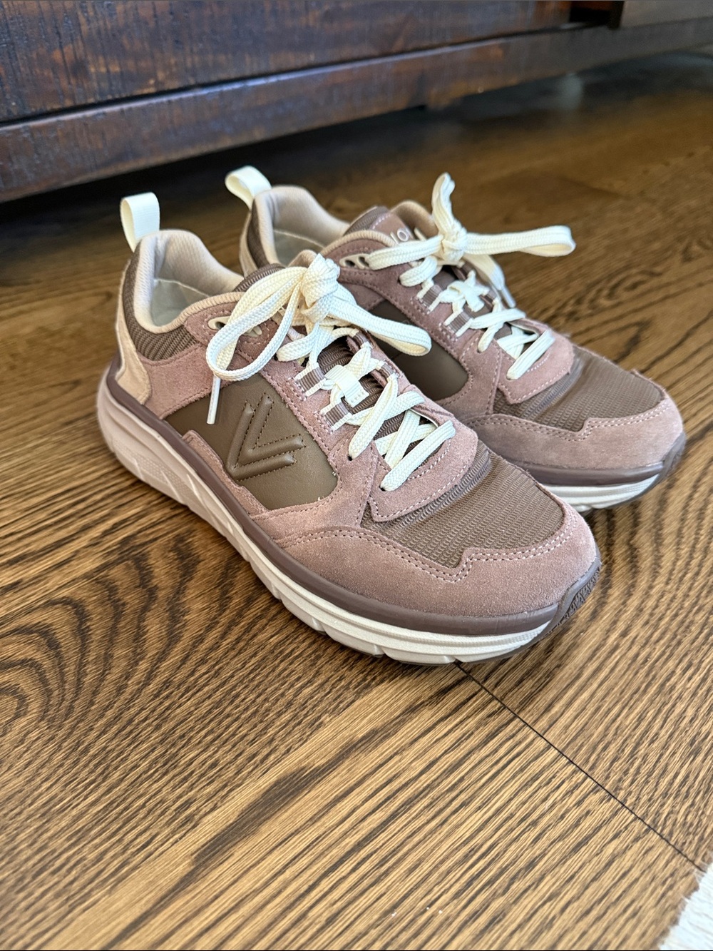 Women's brown Suede & Mesh Casual Sneakers with Cream Laces
